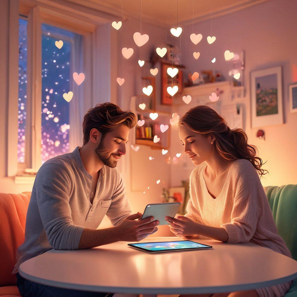 A warm and inviting digital landscape featuring a couple sharing a tender moment while browsing a romantic website on their devices. Surround them with floating hearts and secure payment icons to symbolize trust and connection. Illuminate the scene with soft pastel colors and subtle twinkling lights to evoke emotion and warmth. Add an abstract background of interconnected digital lines and a cozy atmosphere. super-realistic. vibrant colors. soft focus.