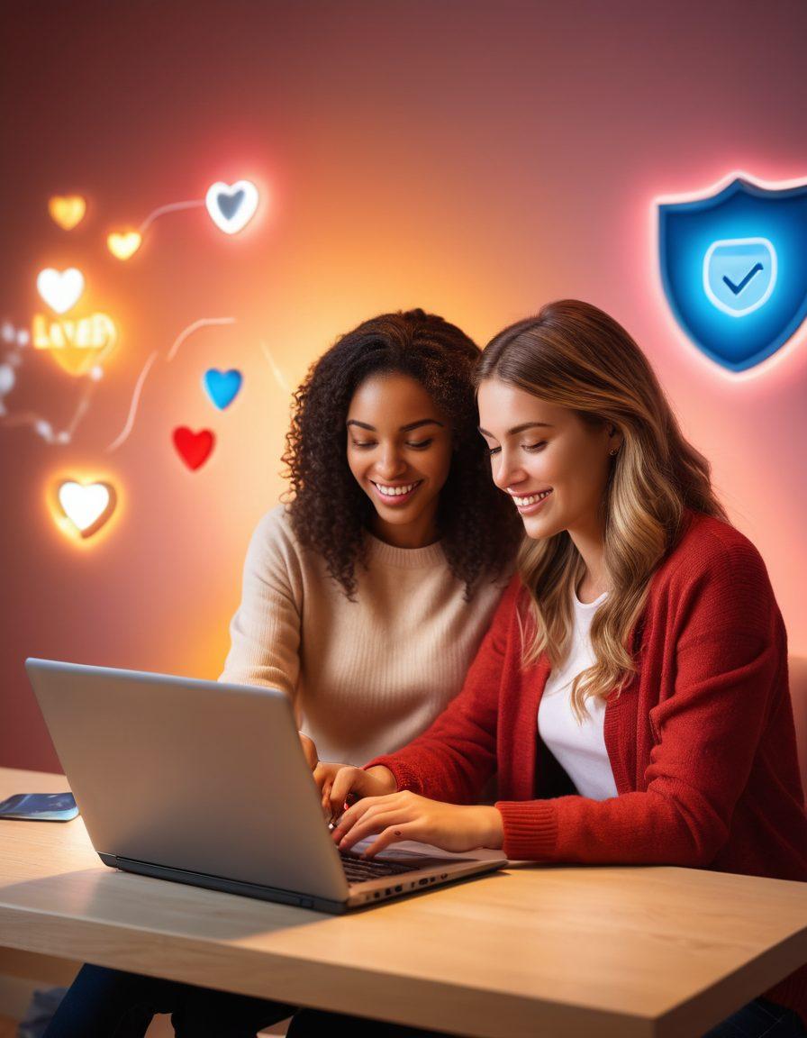 A warm, inviting scene of a couple shopping online together on a laptop, surrounded by heart-shaped icons representing love and payment security. Soft glowing lights in the background symbolize trust and affection, while vibrant colors highlight a modern, digital shopping experience. Include elements like credit card icons, love letters, and a shield to represent safe payment solutions. super-realistic. vibrant colors. cozy atmosphere.