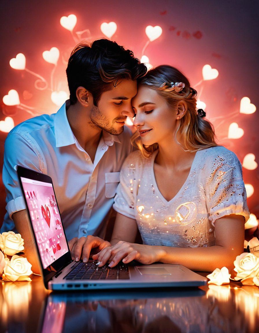A romantic scene depicting a couple sharing an intimate moment over a laptop, with soft glowing screens reflecting heart symbols and payment icons. Surround them with delicate roses and digital payment symbols intermingling. The background should show a cozy ambiance with warm lighting, blending love and technology. Create a dreamy atmosphere that embodies security and passion. vibrant colors. soft focus.